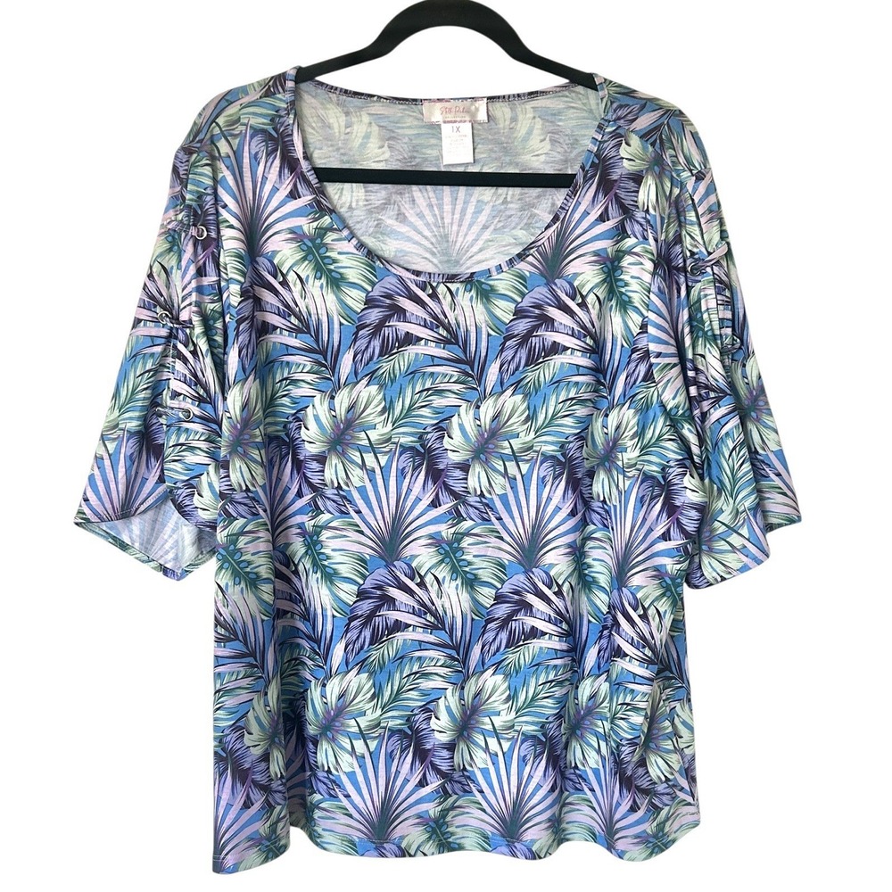 Stella Parker Shirt Tropical Floral Palm Print Plus 1X Lace Up Sleeve Resortwear